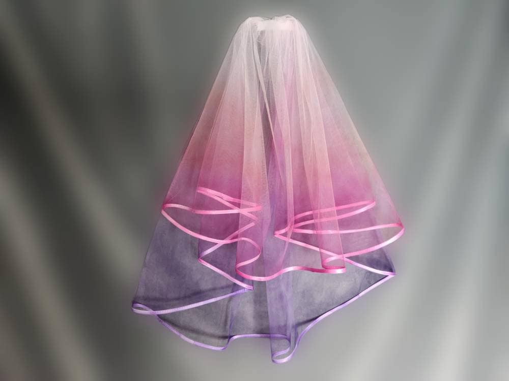 Rainbow Wedding Veil - Pink, Purple, 2 Tier Waist Length, Custom