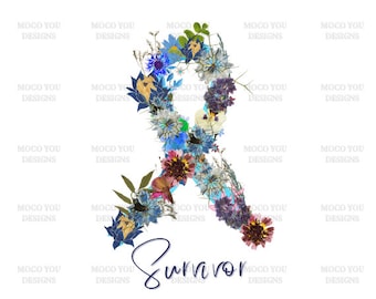 Blue Floral Cancer Survivor Ribbon Digital Download