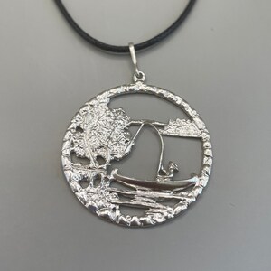 Fisherman & Canoe Necklace Handcrafted in 925 Sterling Silver 3D Pendant, Nature-Inspired Jewelry for Canoeing Enthusiasts, Handmade in USA.