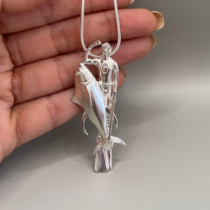 Yellowfin Tuna and Diver Sterling Silver Necklace: Ocean Jewelry