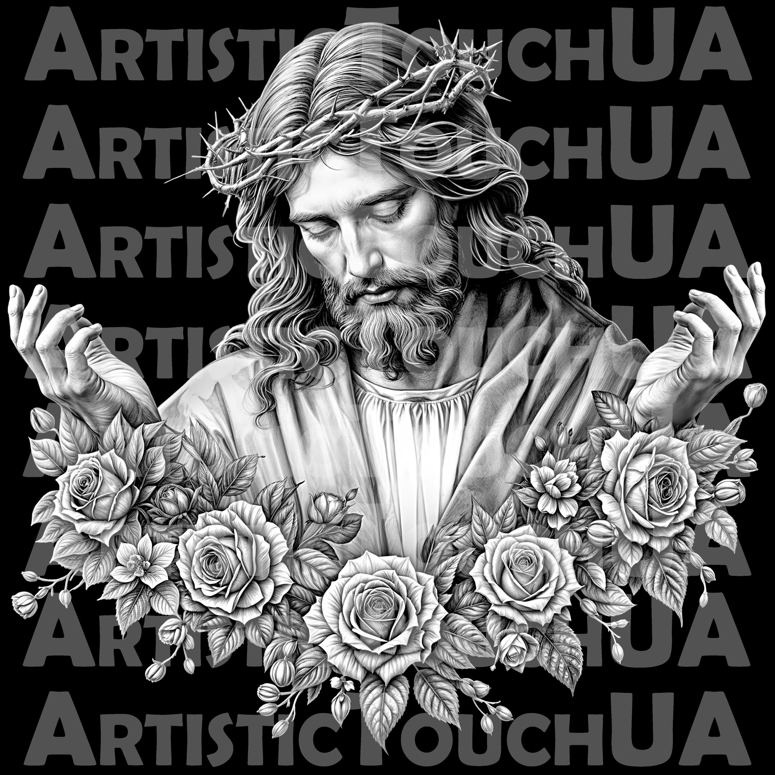 Jesus With Roses Jesus With Roses Laser PNG CNC JPEG Religion Print for Engraving Jesus ...