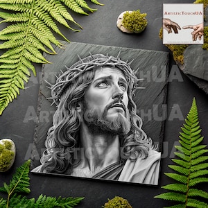 May include: Black and white portrait of Jesus wearing a crown of thorns, printed on a dark gray slate. The image is surrounded by green ferns and moss. The text "ARTISTIC TOUCH UA" is visible.