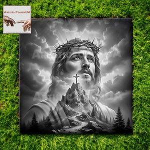 May include: Black and white artwork depicting Jesus wearing a crown of thorns, with a cross atop a mountain. The image is set against a cloudy sky, with rays of light shining through. The artwork is surrounded by green grass.