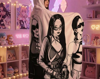 Adult Size Kpop Manga Squad Hooded Blanket – Ultra Cozy Sherpa Wearable Anime Art Cape