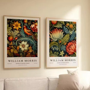 Juego de 2 impresiones florales en lienzo de William Morris / Arte mural del movimiento Arts and Crafts / Reproducción del Museo Botánico de Textiles Victorianos