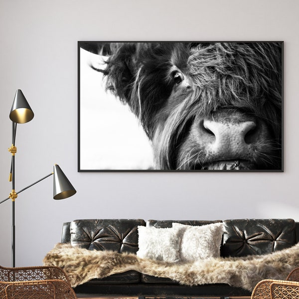 SET of 2 HIGHLAND COW Print, Rustic Home Decor, Cattle Photography, Black White Printable Poster, farm house decor