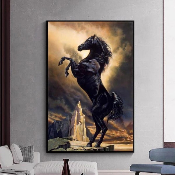 Black Horse Majestic Portrait Peinture Regal Horse Wall Art Rare Black Horse Artwork for Living Room Animal Painting, Horse Lover Gift