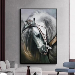 White Horse Majestic Portrait Painting Regal Horse Wall Art Rare White Horse Artwork for Living Room Animal Painting, Horse Lover Gift