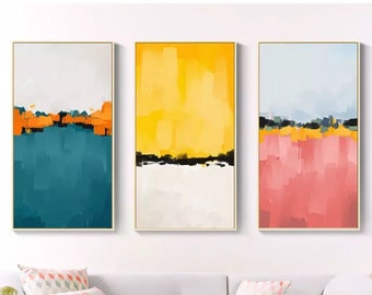 Mid Century Modern Abstract Canvas Print Set: Multicolor Texture Wall Art