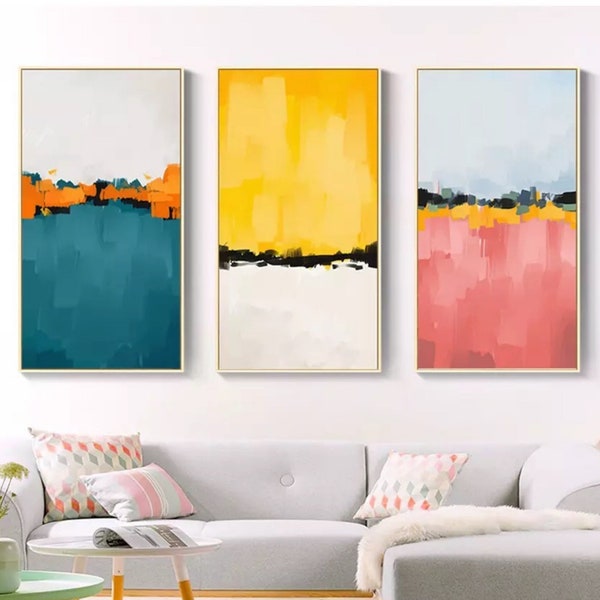 Juego de galería grande de 3 lienzos de pintura de textura Multicolor de lujo abstracto moderno de mediados de siglo, arte de pared, decoración minimalista para el hogar