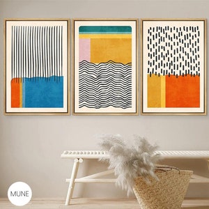 Boho Abstraction: Gallery Set of 3 Mid Century Modern Multicolor Abstract Framed Canvas Paintings - Minimalist Home Decor - Chic Decor