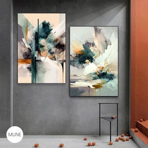 Juego de 2 cuadros abstractos modernos para pared, Impresiones en lienzo verdes y naranjas contemporáneas, Decoración única para el hogar para sala de estar u oficina