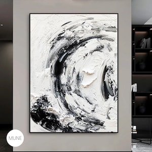 Arte de parede texturizada abstrata moderna – tela minimalista em preto e branco para decoração de casa contemporânea