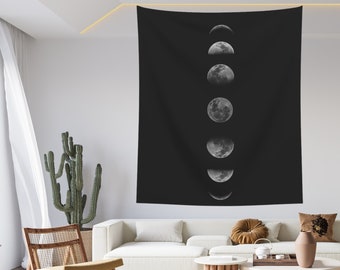 Moon Phase Tapestry: Black and White Boho Wall Hanging
