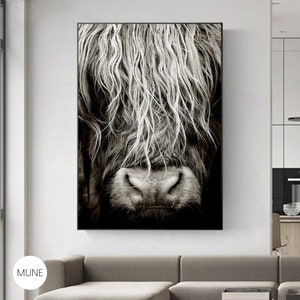 Vaca de las Highlands escocesas, decoración del hogar, impresión artística de pared en blanco y negro, vaca de las Highlands, póster de animales, arte de la pared, decoración de la granja, 50x70 cm