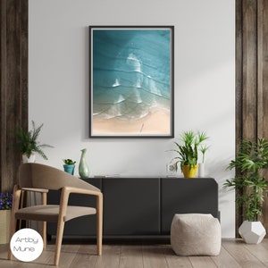 Seaside Serenity: Large Blue Sand Beach Framed Wall Art Poster - Wave Poster for Modern Minimalist Coastal Home Decor