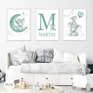 Safari Woodland Boy Nursery enmarcado conjunto de 3 impresiones de guardería con letra inicial personalizada, verde y gris Safari Animals Baby Elephant Print