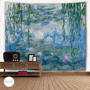 魅惑的な睡蓮のタペストリー - クロード・モネにインスパイアされた室内装飾用の壁アート - 部屋の装飾用の大きな青と緑の自然のタペストリー