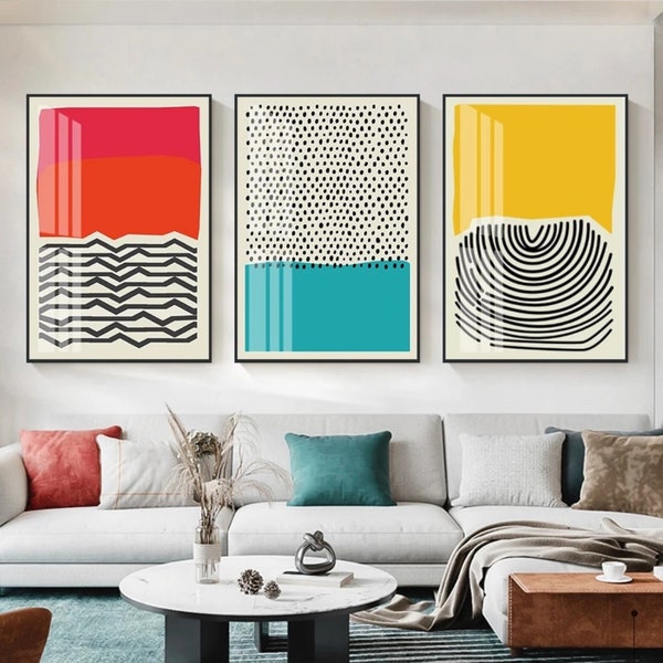Gallery Set of 3 Mid Century Modern Abstract multiColor framed Canvas Painting Wall Art Print, minimalist Home Decor