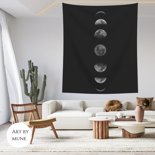 Tapisserie de phase de lune, tapisserie noire et blanche Accrochage mural, Tapisserie spatiale, Tapis de ciel étoilé Boho Psychedelic Moon Starry