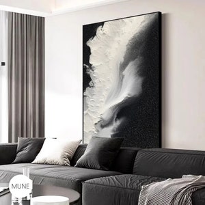 Black Sand Coastal Beach Große gerahmte Wandkunst - Schwarz-Weiß-Küstendekor mit Ozeandrucken, strukturierte Wellen Poster für minimale Wohnkultur