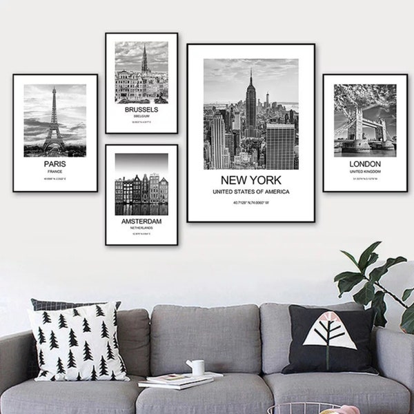 Personalized set of any city travel Canvas black and white prints, Cities Landmarks Posters, Minimalist Wall Art Décor