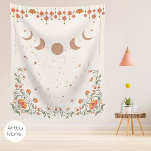 Moon Phase Tapestry: Botanical Floral Wall Hanging