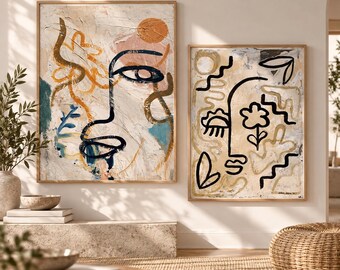 Abstract Wall Art Set of 2, Modern Face Line Art Prints, Neutral Boho Canvas Art, Contemporary Living Room Wall Decor, Abstract Painting Duo