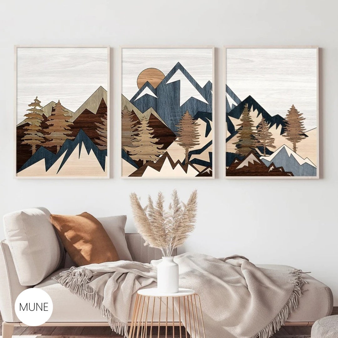 X3 Rustic Mountain Forest Wall Art Set - Mid Century Modern Wooden ...
