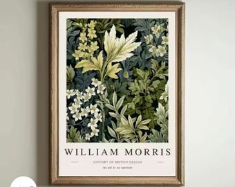 May include: A framed print featuring a botanical illustration of green and white leaves and flowers on a black background. The print has the text "William Morris" and "History of British Design The Art of the 19th Century" at the bottom.