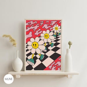 Impresión de flores retro, arte de pared para dormitorio, impresión de plantas retro de los años 70, póster floral moderno, decoración de dormitorio retro, arte de pared estético para estudiantes