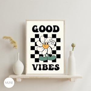 Good Vibes Only Retro Print, Flower Mascot Wall Art, 70s Groovy Poster, Retro Dorm Decor Vintage Aesthetic Cute Hippie Art Retro Plant Quote