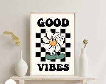 Impresión retro "Good Vibes Only", arte mural con mascota floral, póster moderno de los 70, decoración de dormitorio retro, estética vintage, arte hippie, cita retro de plantas