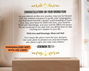 Placa de ordenación pastoral acrílica personalizada con base LED