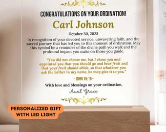 Personalized Ordination Acrylic Plaque with LED Light: Pastor, Deacon, Minister Gift