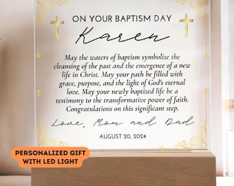 Personalized Baptism Acrylic Plaque: Christian Gift with LED Base