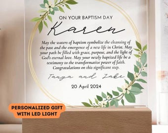 Personalized Acrylic Baptism Plaque: Christian Gift with LED Base