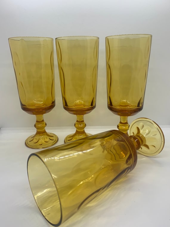 Set of Four 4 Mid Century Amber Glass Stemmed Goblets Etsy