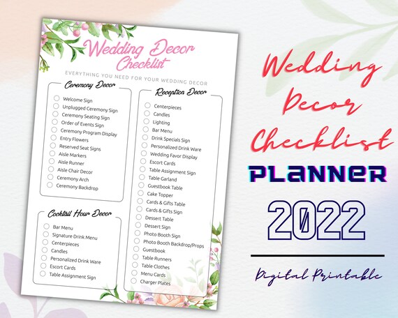 Wedding Decor Checklist Printable Template Wedding Planning | Etsy