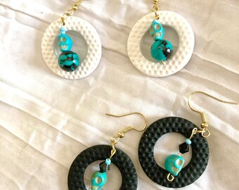 Turquoise Howlite Skull natural stone clay circle earrings