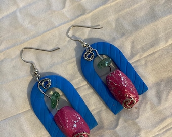 U-Shaped Earrings, Clay Earrings, Aventurine, Wire Wrapped Earrings, Funky 80s Earrings