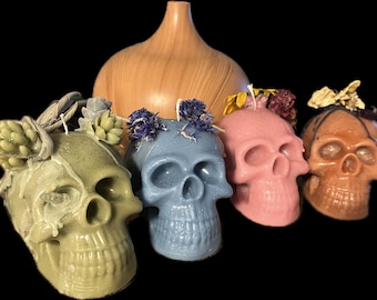 Custom Skull Candle with herbs, crystals, flowers