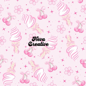 May include: A pink background with a repeating pattern of ice cream cones, cherries with bows, flowers, and stars. The ice cream cones have pink and white swirls, and the cherries are pink. The text "Neva Creative" is in the center.