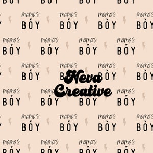 May include: A light pink background with a repeating pattern of lightning bolts and the text "mama's boy" in black. The text "Never Creative" is in large black letters in the centre of the image.