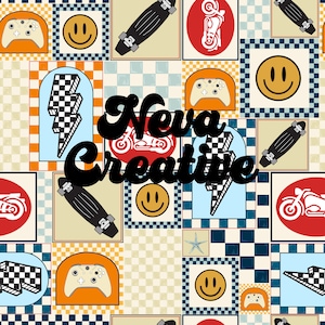 May include: A colorful, checkered pattern with various images including a smiley face, a skateboard, a motorcycle, a game controller, and a lightning bolt. The text "Neva Creative" is written in a bold, black font.