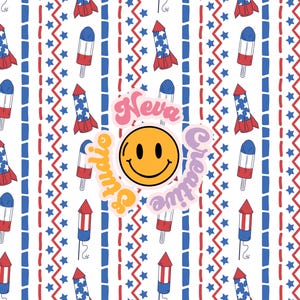 May include: A patriotic pattern featuring red, white, and blue elements. The design includes rockets, popsicles, and zig-zag lines with stars. A yellow smiley face sticker with the text "Neva Studio Creative" is in the center.