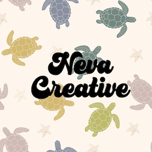 May include: A white background with a repeating pattern of colourful sea turtles and starfish. The text "Neva Creative" is written in black cursive font.