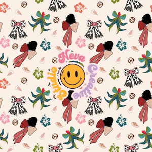 Puede incluir: Un patrón repetitivo con lazos, flores de hibisco y conchas marinas en tonos rojos, rosas, verdes y negros sobre un fondo crema. El diseño incluye una carita sonriente y el texto "Neva Creative Studio".