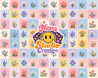 Pastell Blumen Patchwork Muster, Cottagecore Wildblumen Quilt Digitales Papier (JPG)