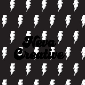 May include: Black and white graphic design with a repeating pattern of lightning bolts. The text "Neva Creative" is in the center of the design.